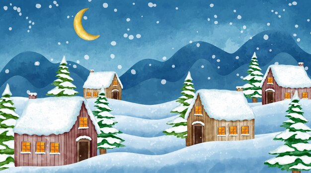 Ilustración de paisaje de invierno en acuarela