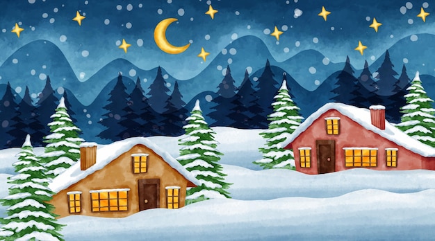 Ilustración de paisaje de invierno en acuarela
