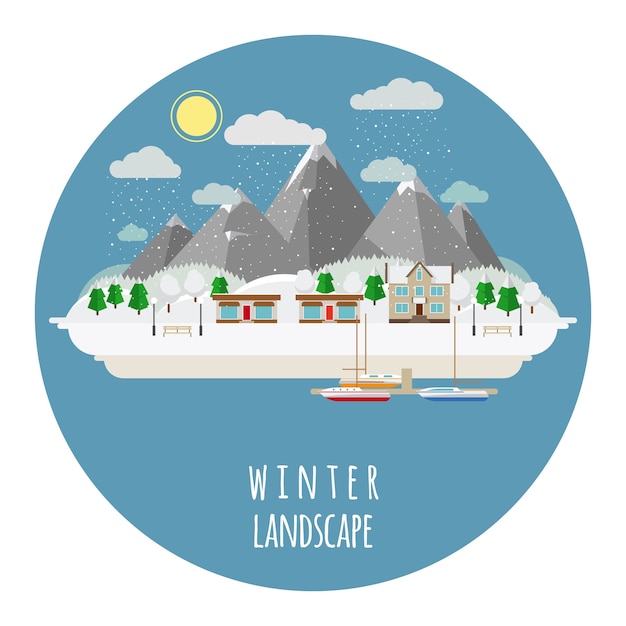 Vector gratuito ilustración de paisaje de invierno plano con ciudad cubierta de nieve. sol y cielo, montañas y casa