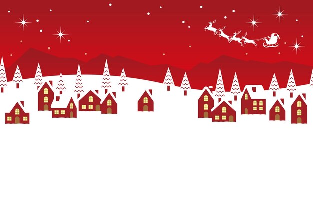 Ilustración de paisaje urbano de invierno de vector transparente con Santa Claus y renos volando por el cielo.