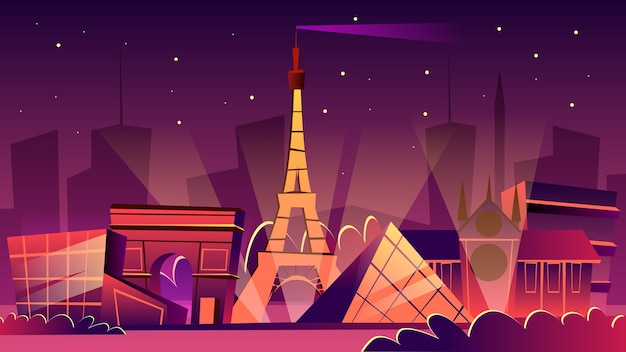 Vector gratuito ilustración de paisaje urbano de parís. dibujos animados de monumentos de parís en la noche, la torre eiffel