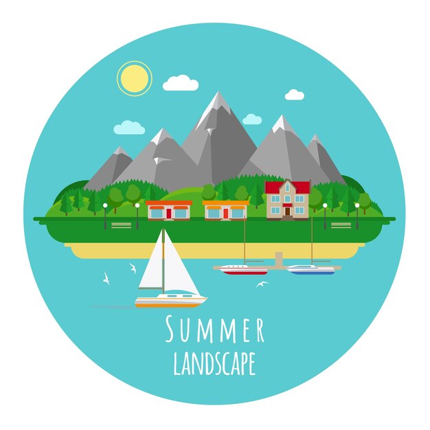 Ilustración de paisaje de verano plano con montañas y mar. Casa y pueblo, calor y calor