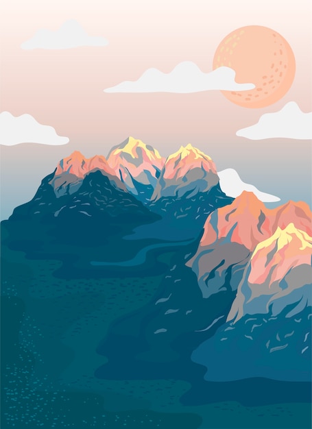 Ilustración de paisaje de vista de montaña pintado