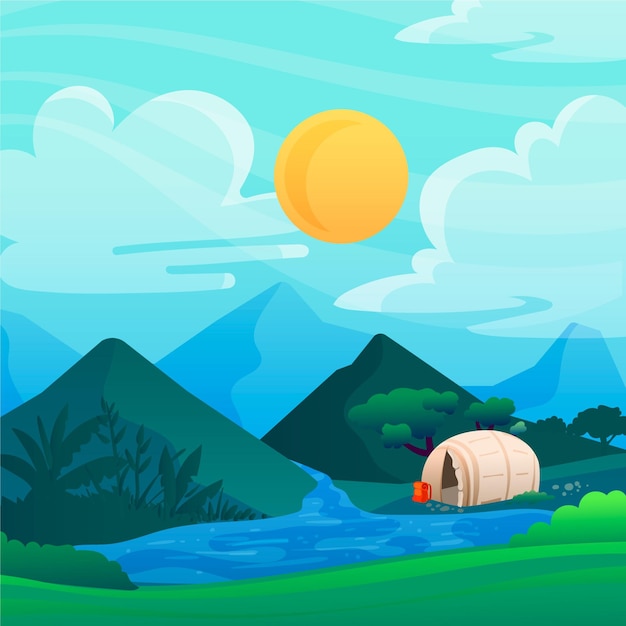 Ilustración de paisaje de zona de camping con río