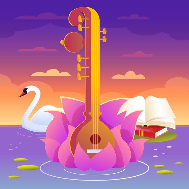 Ilustración de panchami vasant degradado con cítara