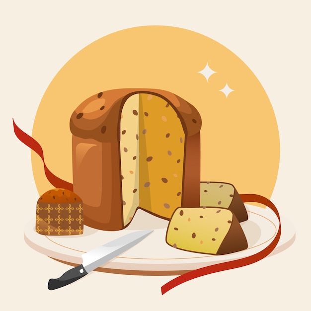 Ilustración de panettone de diseño plano con cuchillo