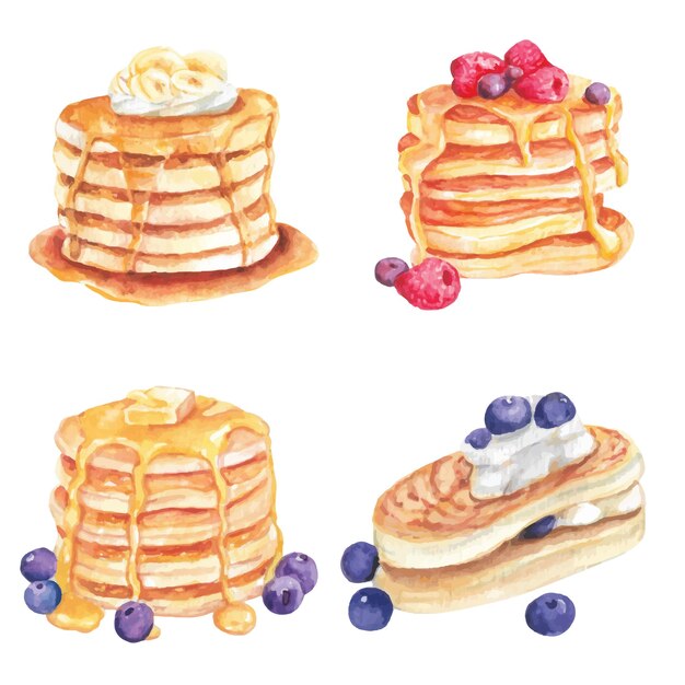 Ilustración de panqueques con cobertura de crema y frutos rojos