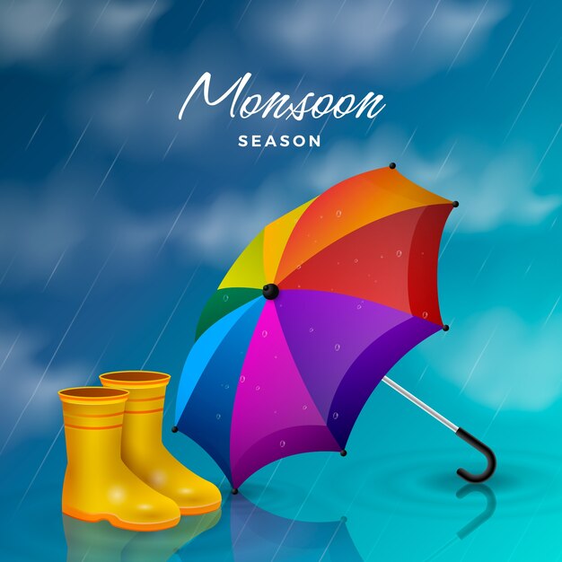 Ilustración de paraguas colorido realista de la temporada del monzón