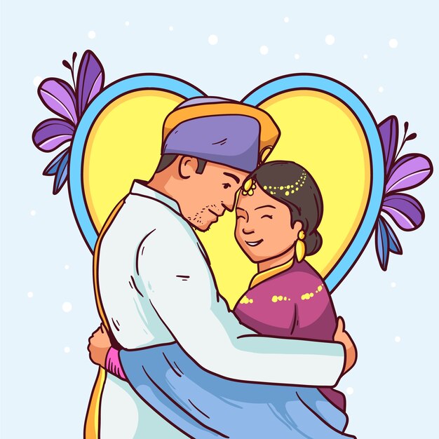 Ilustración de pareja asiática dibujada a mano