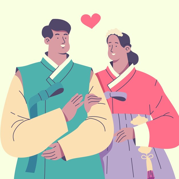 Ilustración de pareja asiática dibujada a mano
