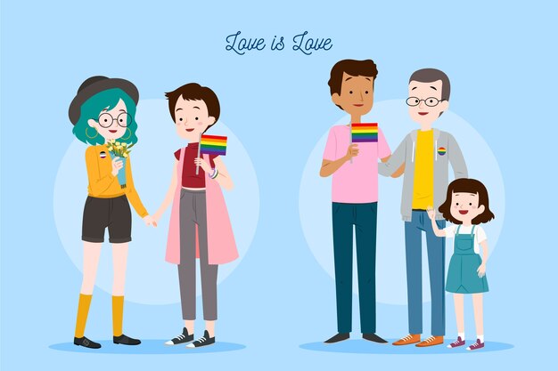 Ilustración pareja y familia en el estilo del día del orgullo