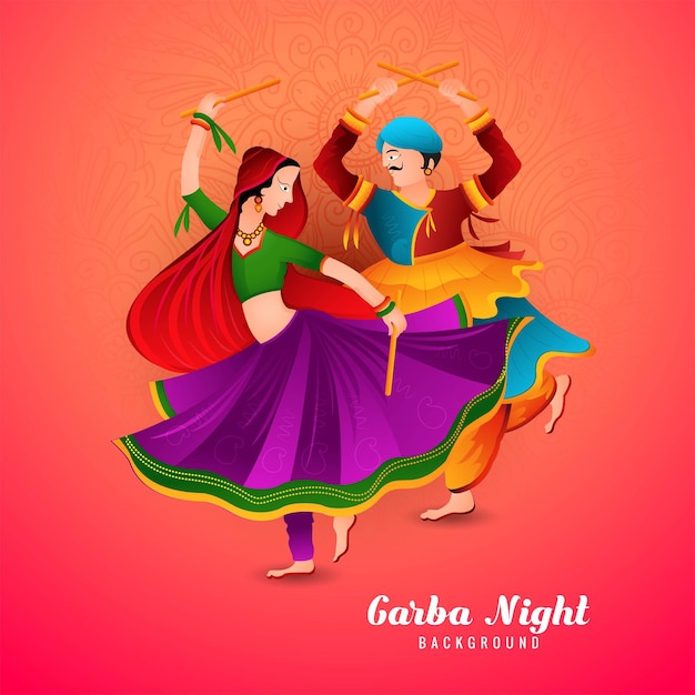 Ilustración de una pareja jugando dandiya en el fondo de la celebración de la noche disco garba