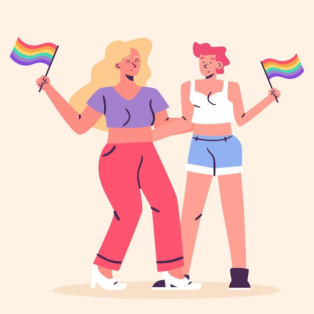 Vector gratuito ilustración de pareja de lesbianas plana orgánica con bandera lgbt