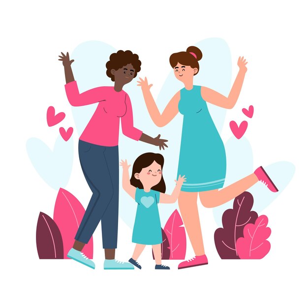 Ilustración de pareja de lesbianas plana orgánica con un niño
