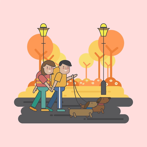 Vector gratuito ilustración de una pareja paseando a sus perros