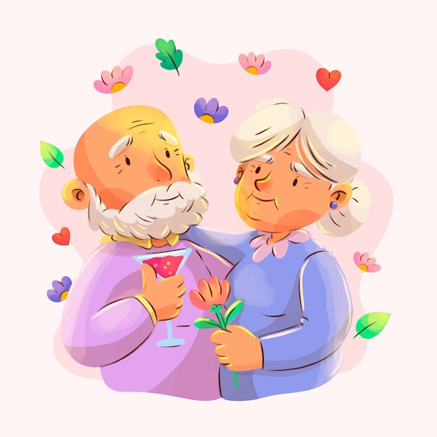 Ilustración de pareja senior acuarela