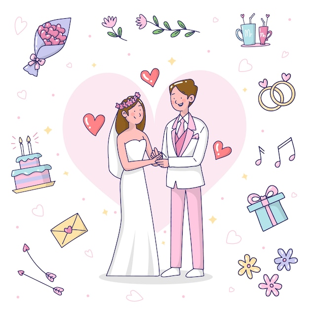 Vector gratuito ilustración de parejas de boda dibujadas a mano