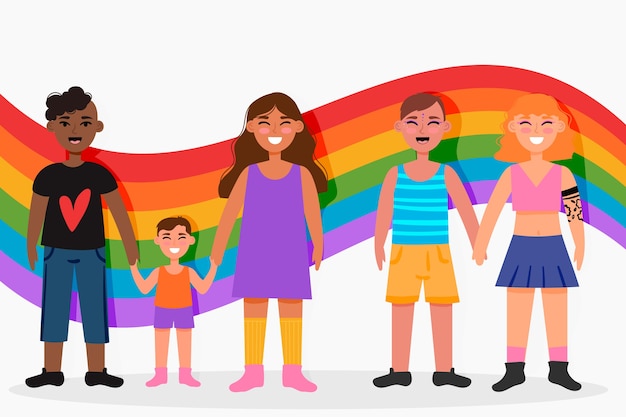 Ilustración de parejas y familias celebrando el día del orgullo