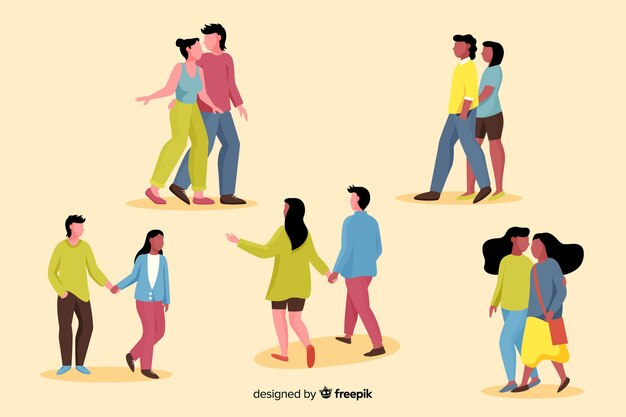 Ilustración de parejas jóvenes caminando pack