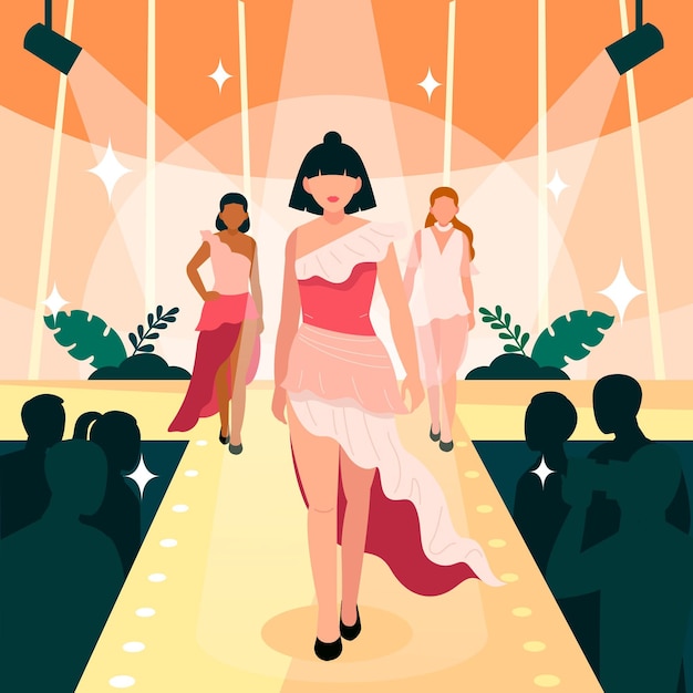 Ilustración de pasarela de desfile de moda dibujado a mano plana