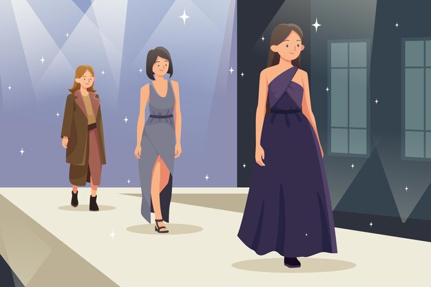 Ilustración de pasarela de desfile de moda dibujado a mano plana