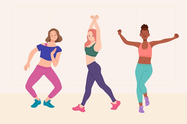 Ilustración de pasos de fitness de baile dibujado a mano plana con personas