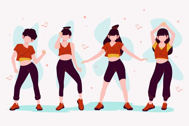 Ilustración de pasos de fitness de baile dibujado a mano plana con personas