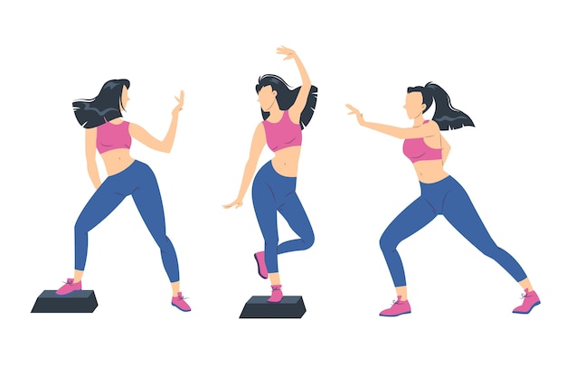 Ilustración de pasos de fitness de baile dibujado a mano plana