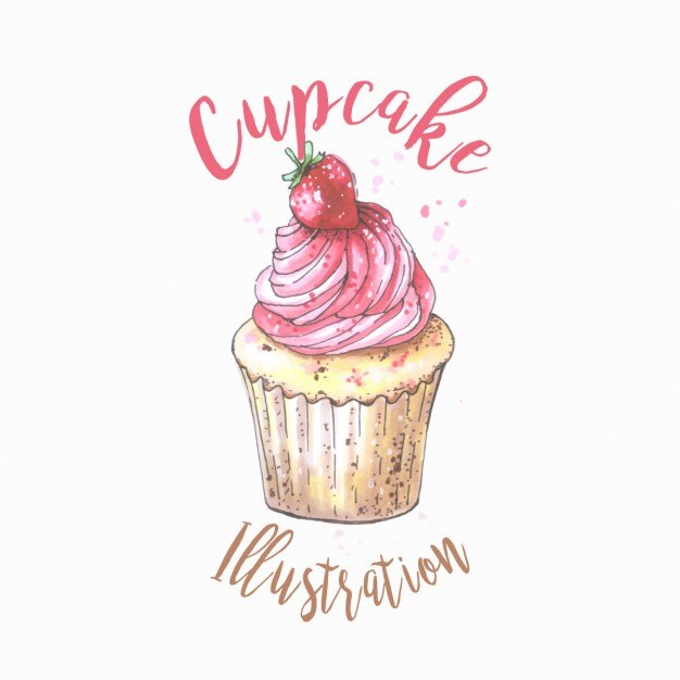 Ilustración de pastelito en acuarela con fresa