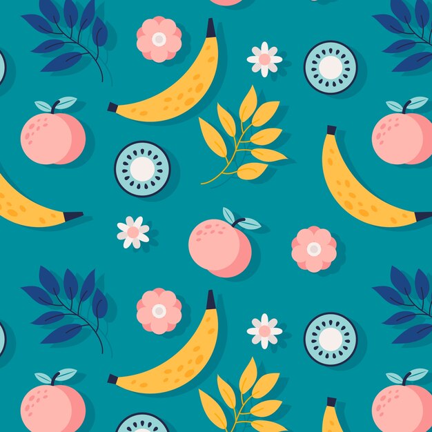 Ilustración de patrón floral y fruta de diseño plano