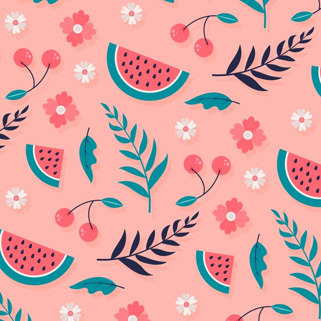 Ilustración de patrón floral y fruta de diseño plano