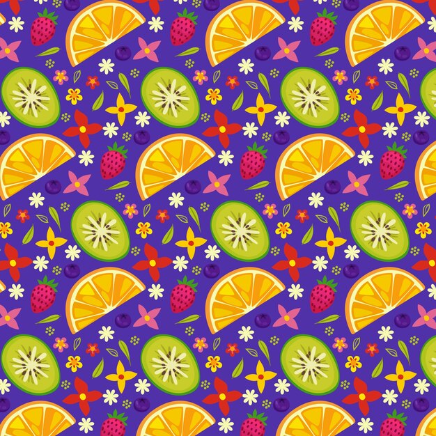 Ilustración de patrón floral y fruta de diseño plano