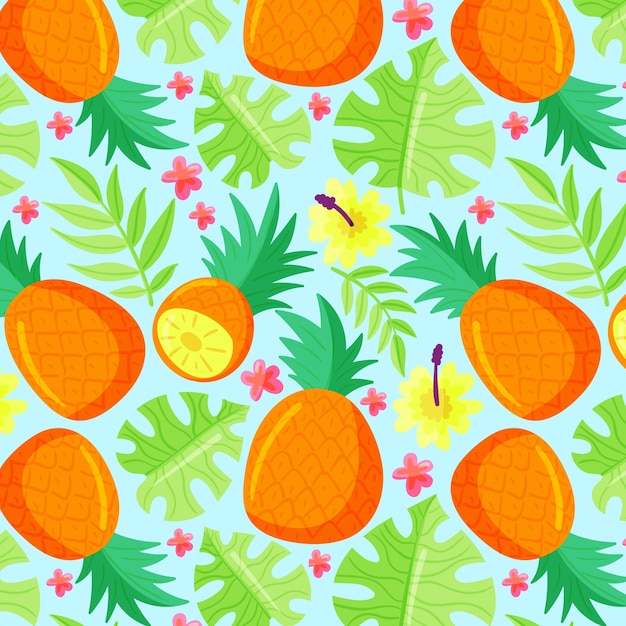Ilustración de patrón floral y fruta de diseño plano