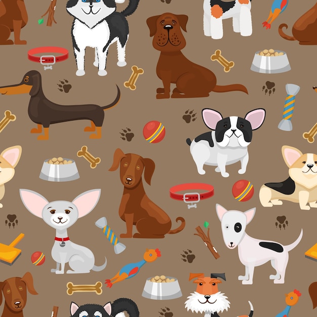 Vector gratuito ilustración de patrones sin fisuras de perros divertidos lindos. perro animal de dibujos animados, fondo con mascotas cachorro y perros