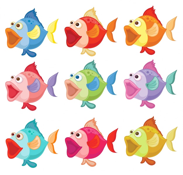 Ilustración de los peces de colores sobre un fondo blanco