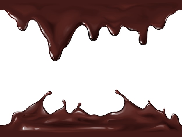 Ilustración perfecta de chocolate de salpicaduras realistas en 3D y gotas de flujo de chocolate oscuro o con leche