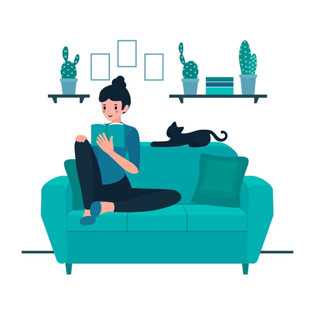 Ilustración con persona relajándose en casa