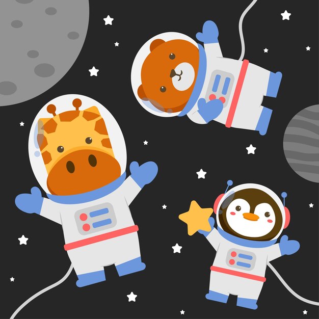 Ilustración personaje animal vistiendo un traje espacial con estrellas