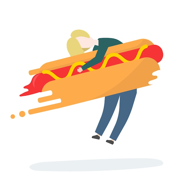 Ilustración de personaje con comida rápida.