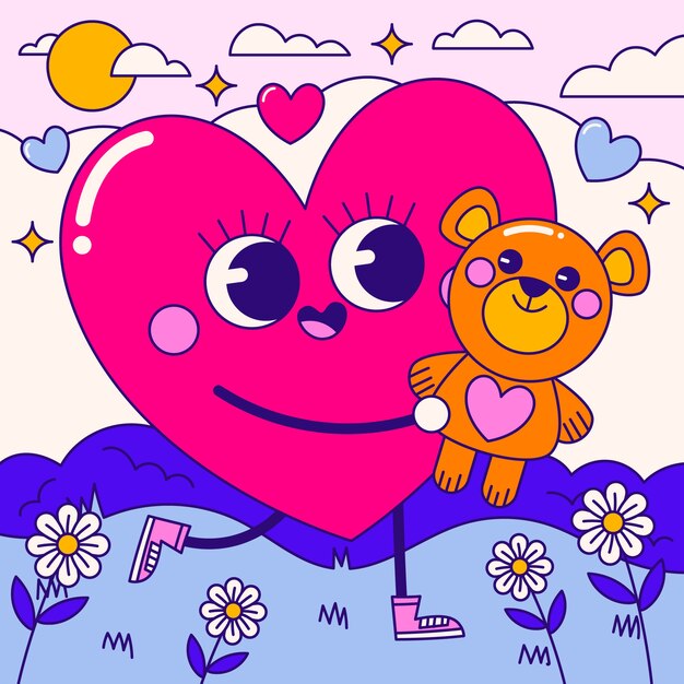 Ilustración de personaje de dibujos animados de corazón dibujado a mano