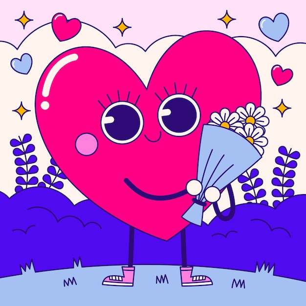 Ilustración de personaje de dibujos animados de corazón dibujado a mano