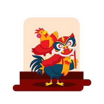 Ilustración de personaje de dibujos animados de pareja de gallos de año nuevo chino lindo romántico vector gratuito