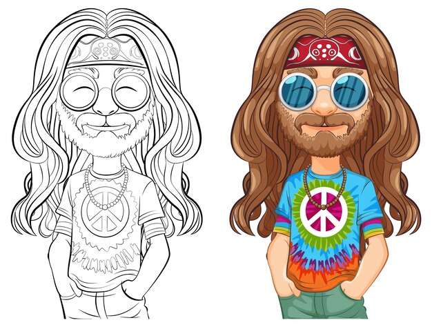 Ilustración de un personaje hippie antes y después