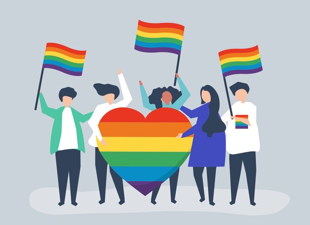 Ilustración de personaje de personas con iconos de apoyo LGBT