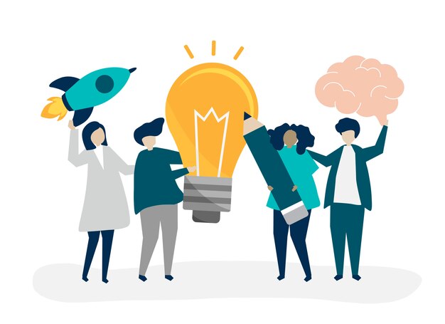 Ilustración de personaje de personas con iconos de ideas creativas