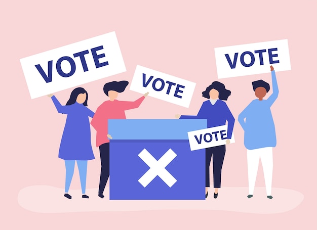 Ilustración de personaje de personas con iconos de voto