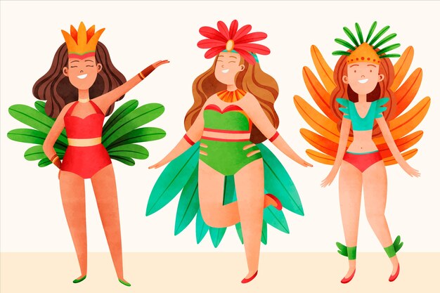 Ilustración de personajes de celebración de carnaval brasileño acuarela