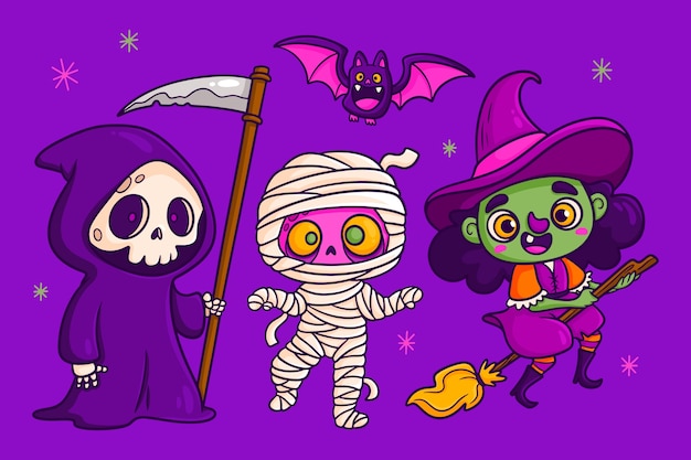 Ilustración de personajes dibujados a mano para la temporada de halloween.