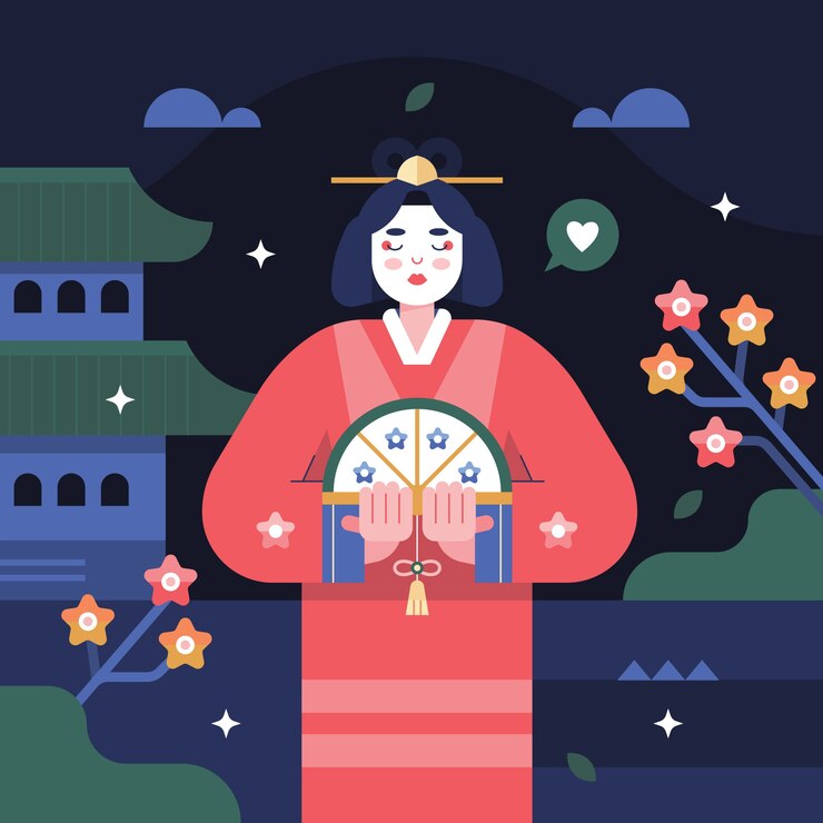 Vector gratuito ilustración de personajes de geishas asiáticas de diseño plano