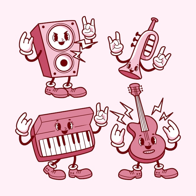 Ilustración de personajes de instrumentos musicales de dibujos animados retro
